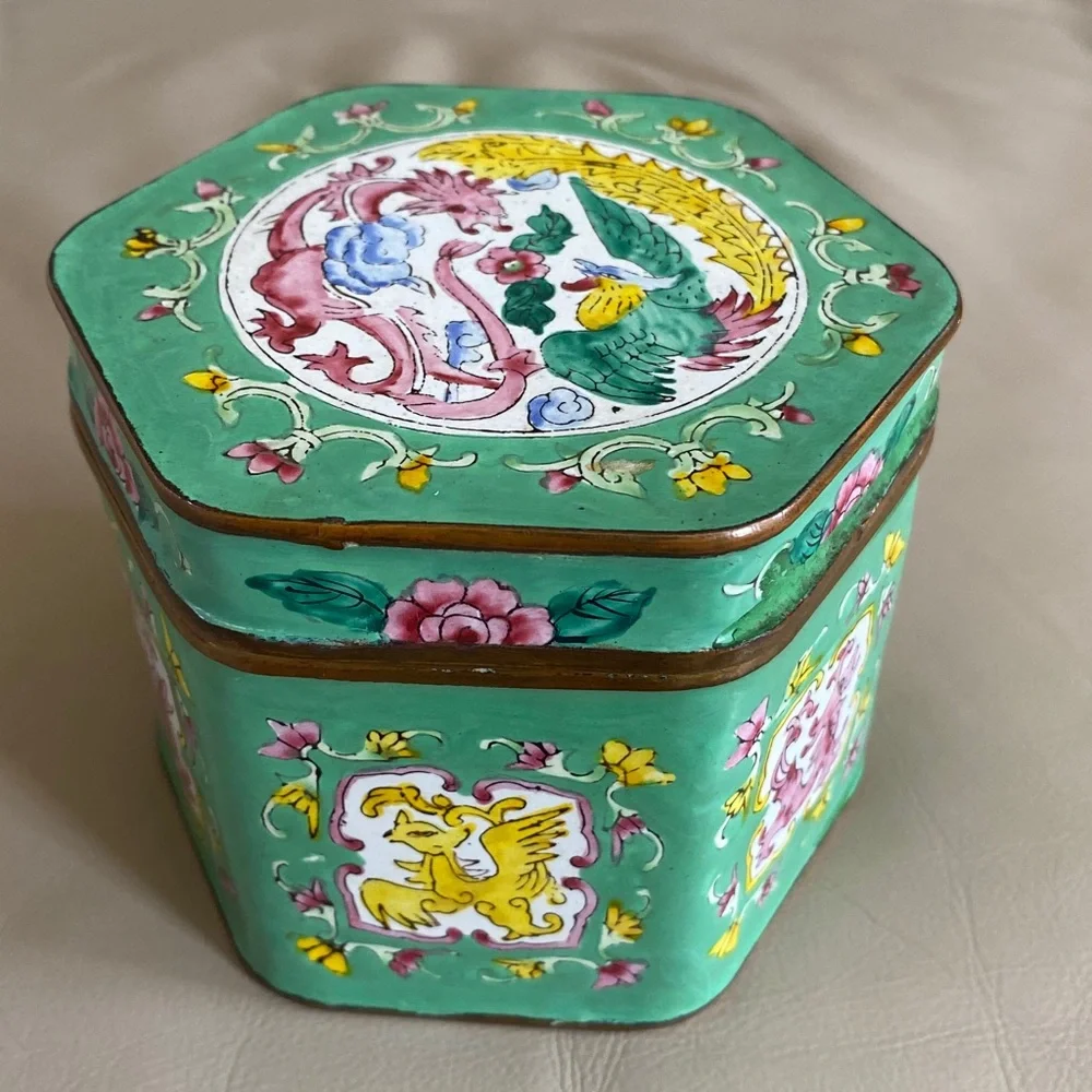 Vintage Chinese Hand Painted Enamel Hexagon Box Dragon / Phoenix Design